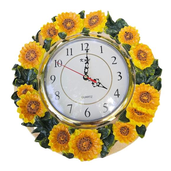 Vintage 90s Sunflower 3D Wall Clock Farmhouse Battery Operated KMC Quartz - Picture 1 of 3